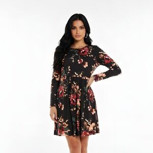 Long Sleeve Black Dress with Coral and Red Flowers Large